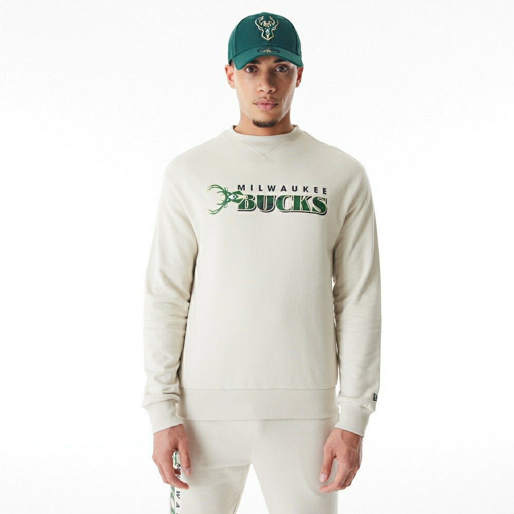 Milwaukee Bucks New Era NBA Crewneck Sweatshirt Stone - Taass near me