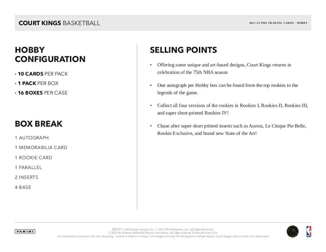 2021/22 Panini Court Kings Basketball Hobby Box NBA - Taass for sale