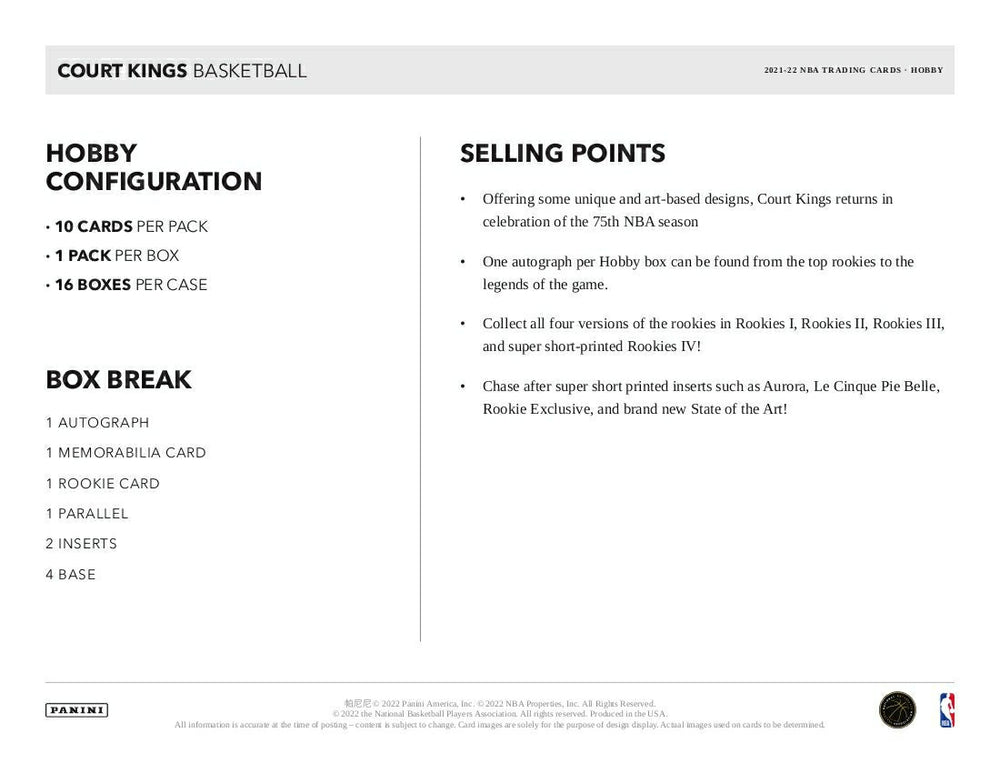 2021/22 Panini Court Kings Basketball Hobby Box NBA - Taass for sale